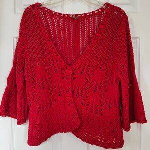 Free People Red Crochet Cardigan – Open Knit Boho Style – Fits Like M